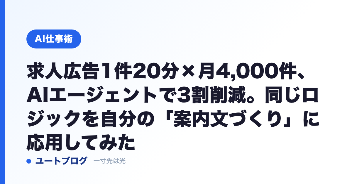 求人広告1件20分×月4,000件、AIエージェントで3割削減。同じロジックを自分の「案内文づくり」に応用してみた