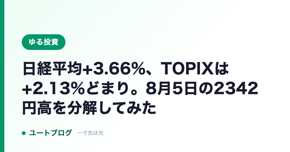 日経平均+3.66%、TOPIXは+2.13%どまり。8月5日の2342円高を分解してみた