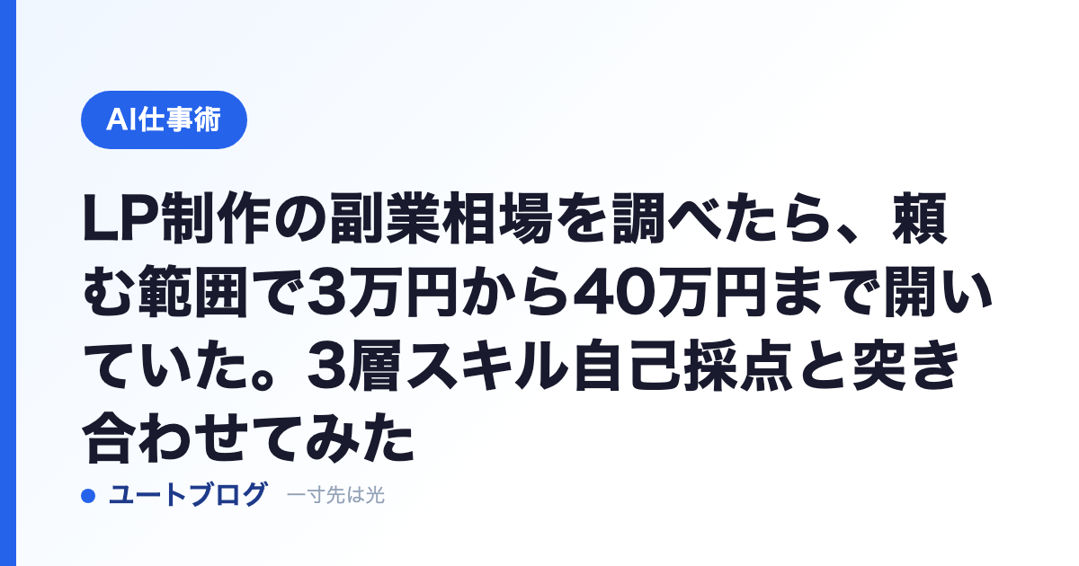 LP制作の副業相場を調べたら、頼む範囲で3万円から40万円まで開いていた。3層スキル自己採点と突き合わせてみた
